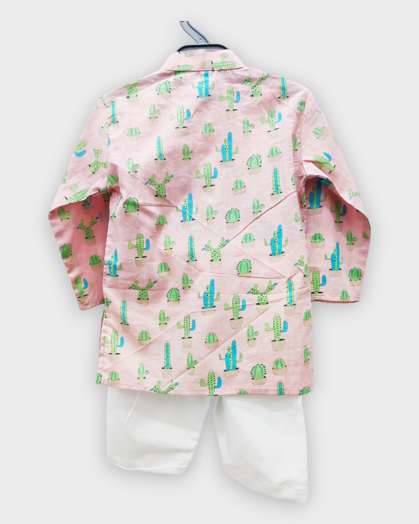 Desert Dreamin': Blue and Green Cactus Print Kids Light Pink Kurta Pajama