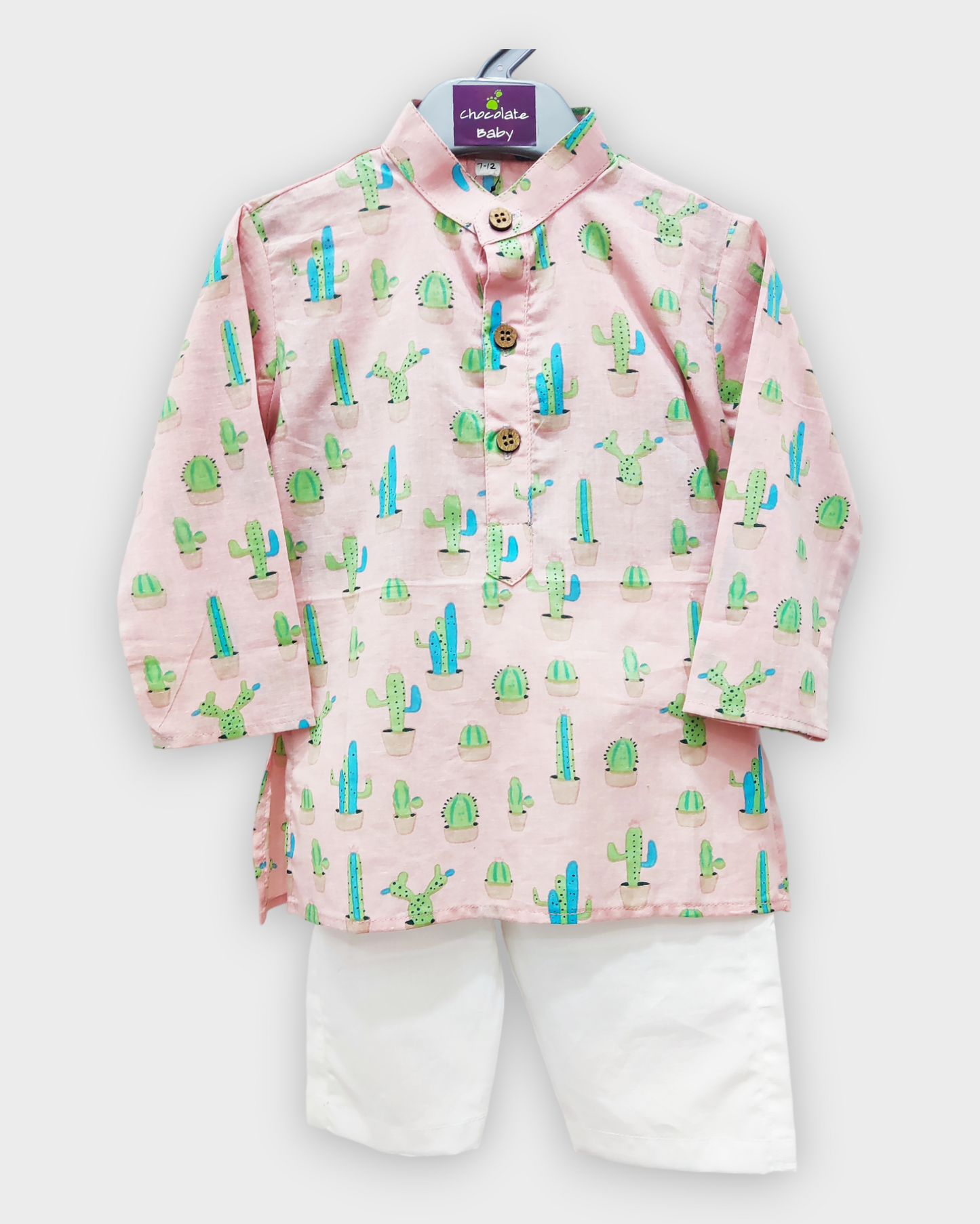 Desert Dreamin': Blue and Green Cactus Print Kids Light Pink Kurta Pajama