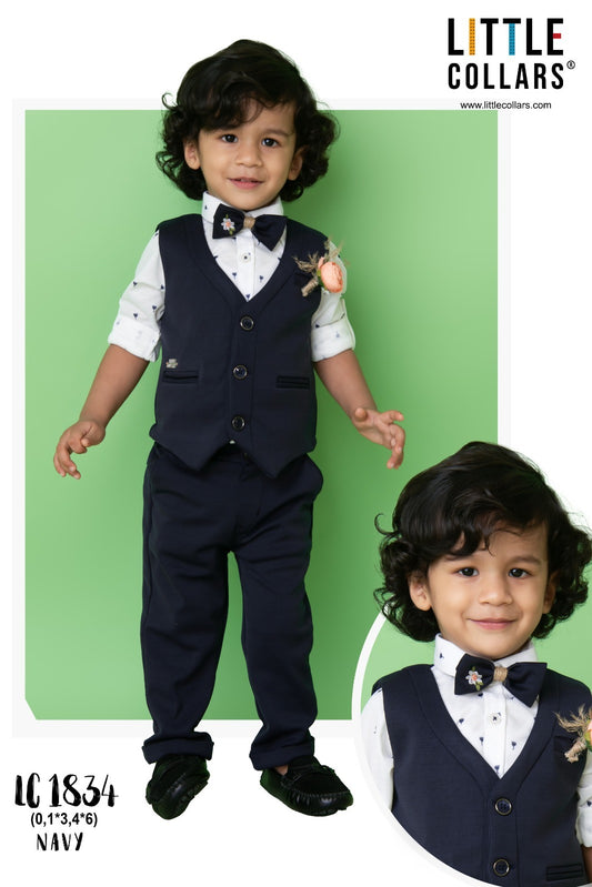 Navy Blue Waistcoat Set with Bow Tie