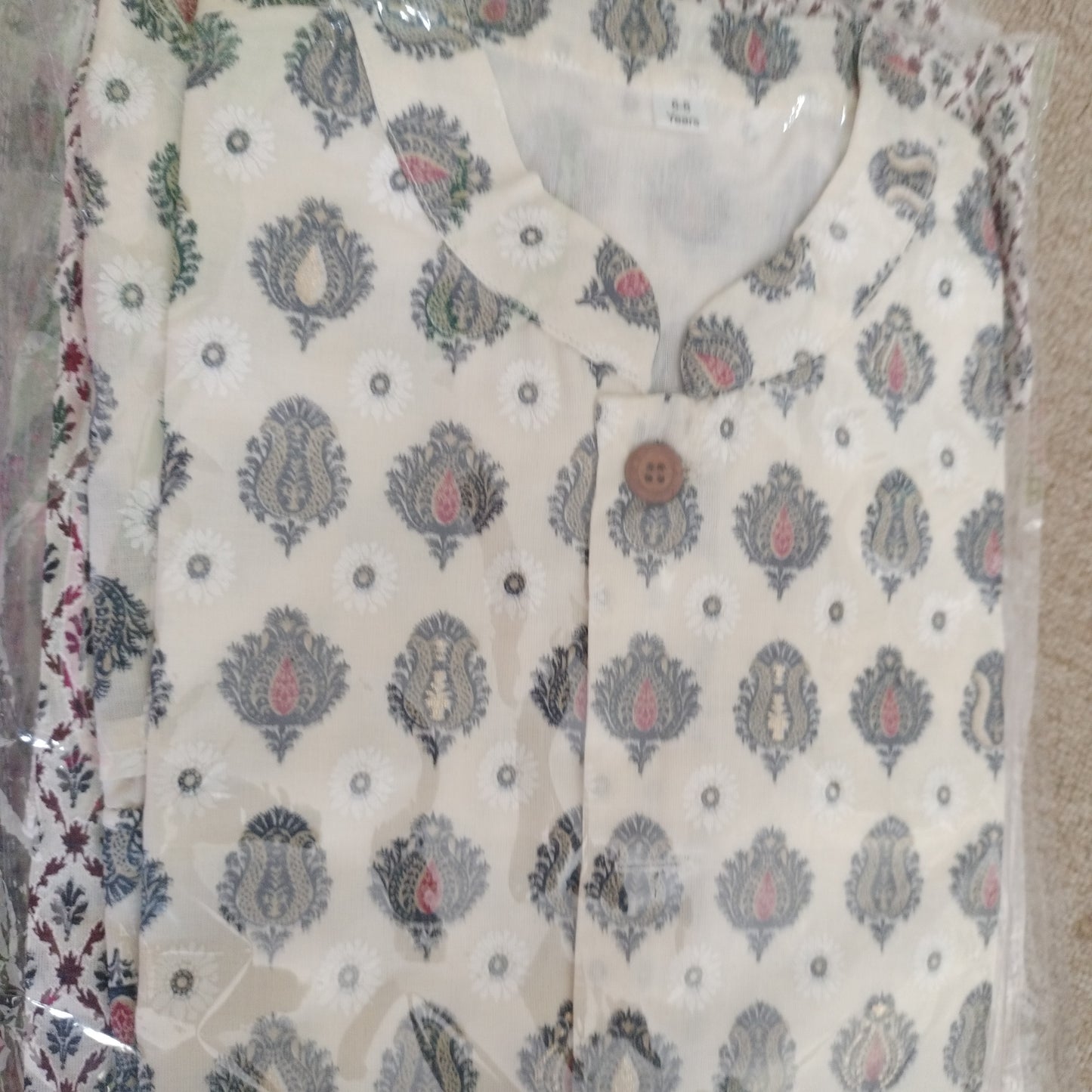 Cream colour grey print kurta pajama jacket set