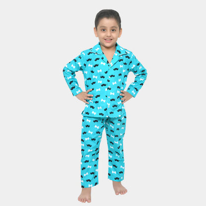 Blue Moustache Printed Cotton Night wear for Boys