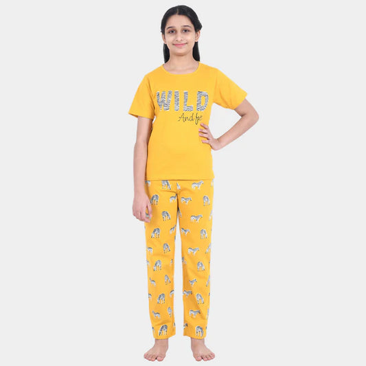 Mustard zebra printed cotton nightwear for girls