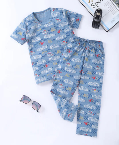 Blue Racing Car Printed Cotton Set for Boys16