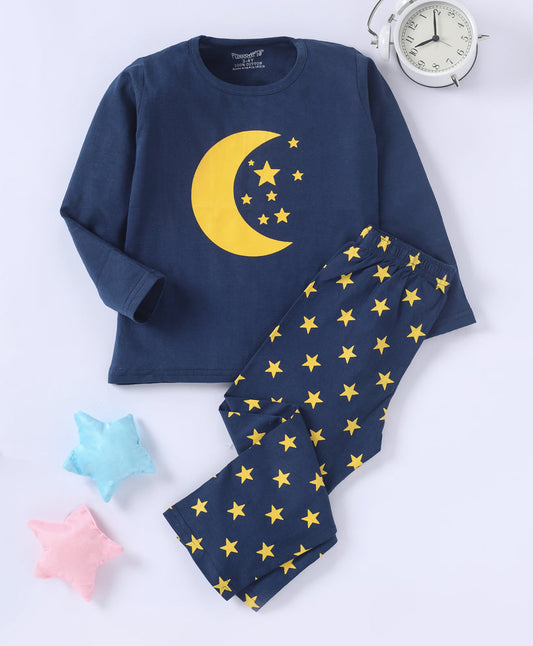 Navy blue moon & star printed night ware for kids