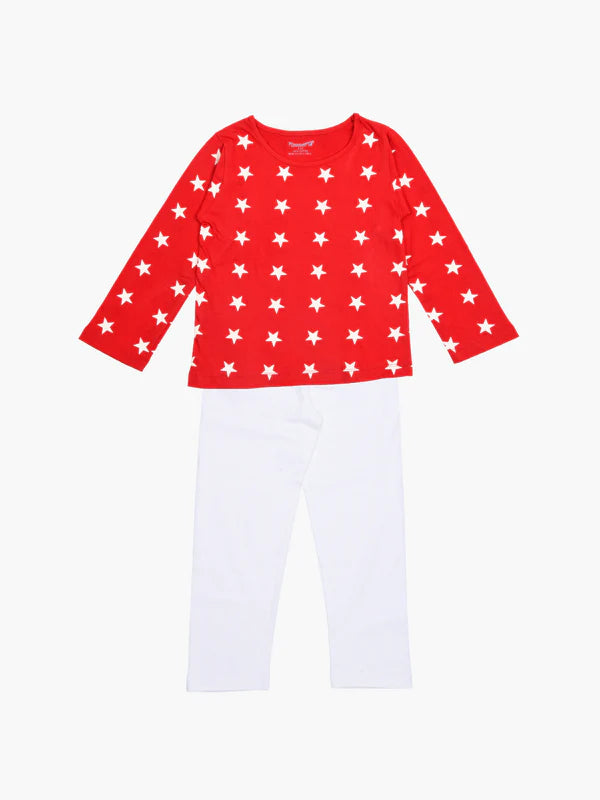 Unisex Kids Off White & Red Star Printed Night Suit