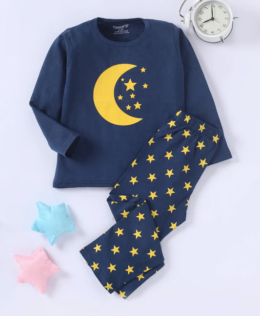 Unisex Kids Navy Blue Moon & Star Printed Pure Cotton Night suit