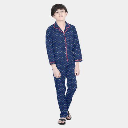 Blue Printed Cotton Night Suit for Boys