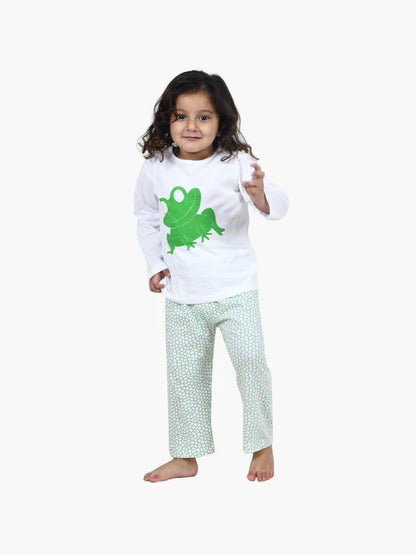 Green & White Frog Printed Cotton Kids Night Suit