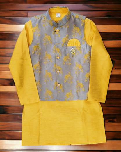 Boys Jacket kurta pajama set, Yellow (D-766)