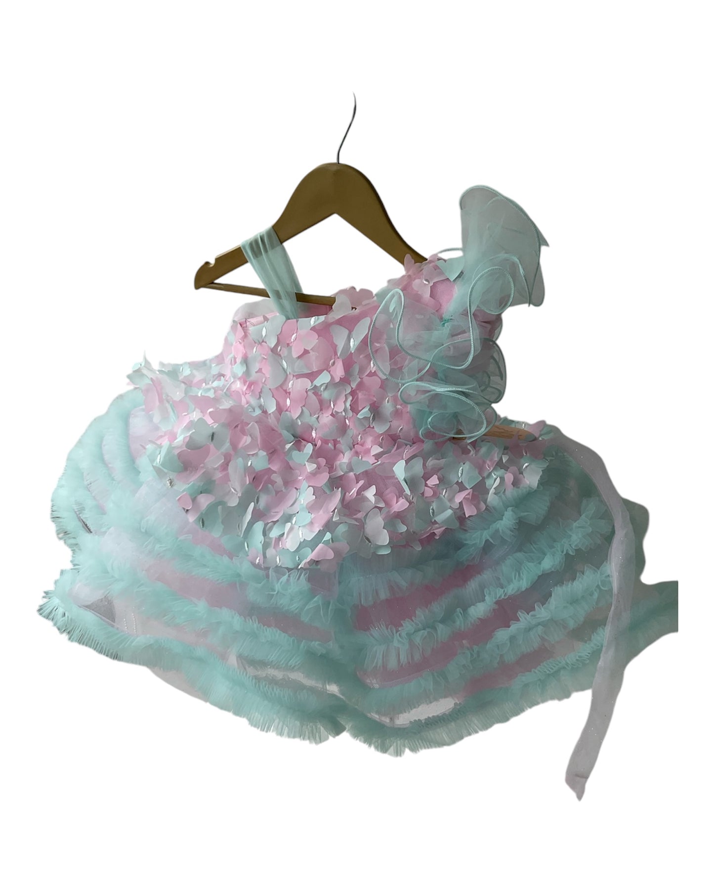 Pink And Sea Green Birthday Frok With 3D Butterfly