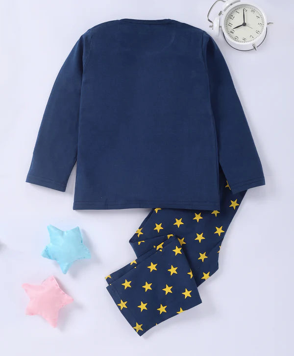 Unisex Kids Navy Blue Moon & Star Printed Pure Cotton Night suit