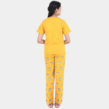 Mustard zebra printed cotton nightwear for girls