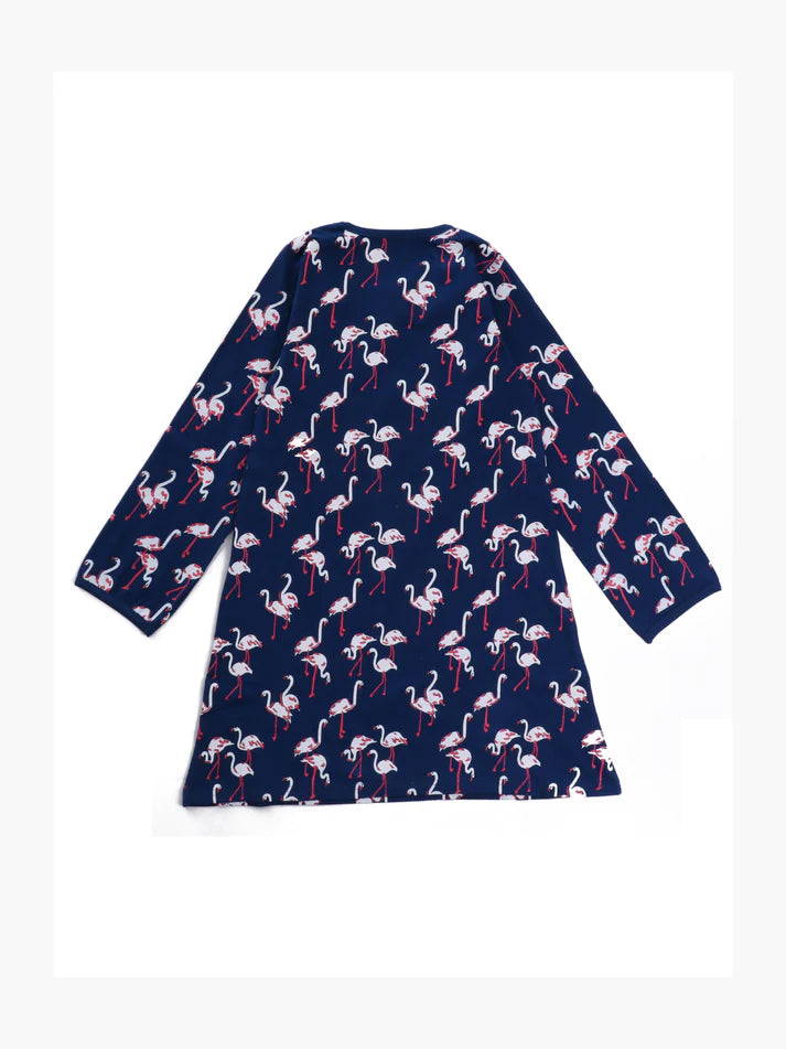 Navy Blue Flamingo Printed Night Dress for Girls