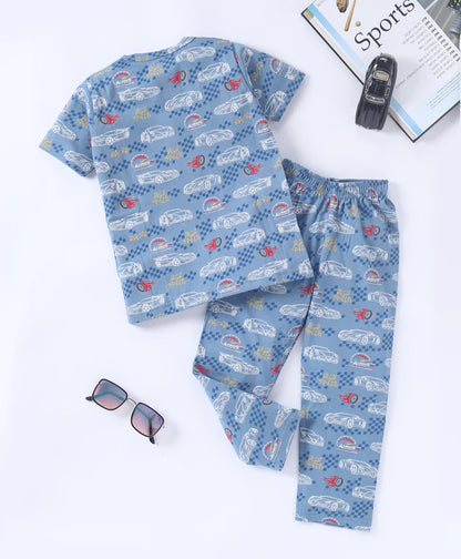 Blue Racing Car Printed Cotton Set for Boys16