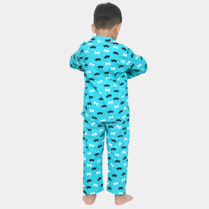 Blue Moustache Printed Cotton Night wear for Boys