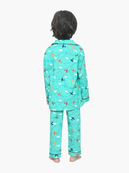 Green Airplane Printed Cotton Kids Night Suit