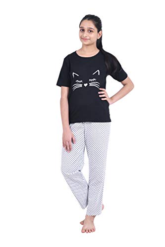 Black & Grey Cat Printed Cotton Night Suit for Girls19