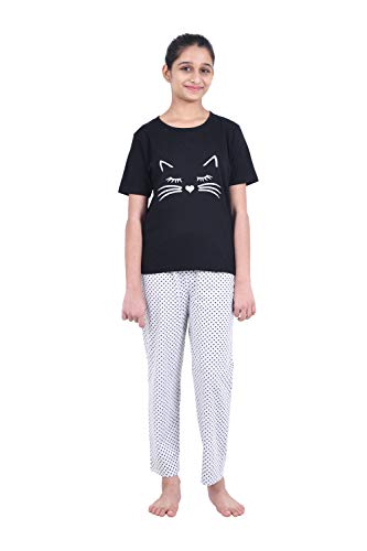 Black & Grey Cat Printed Cotton Night Suit for Girls19