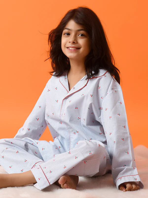 Cherry Printed Cotton Girls Nightwear