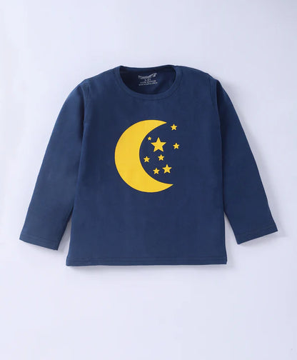 Unisex Kids Navy Blue Moon & Star Printed Pure Cotton Night suit