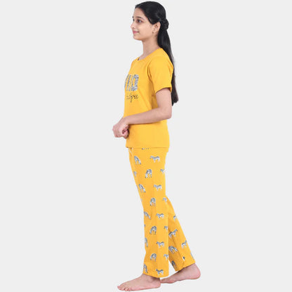 Mustard zebra printed cotton nightwear for girls