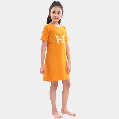 Mustard Butterfly Printed Cotton Night wear for Girls