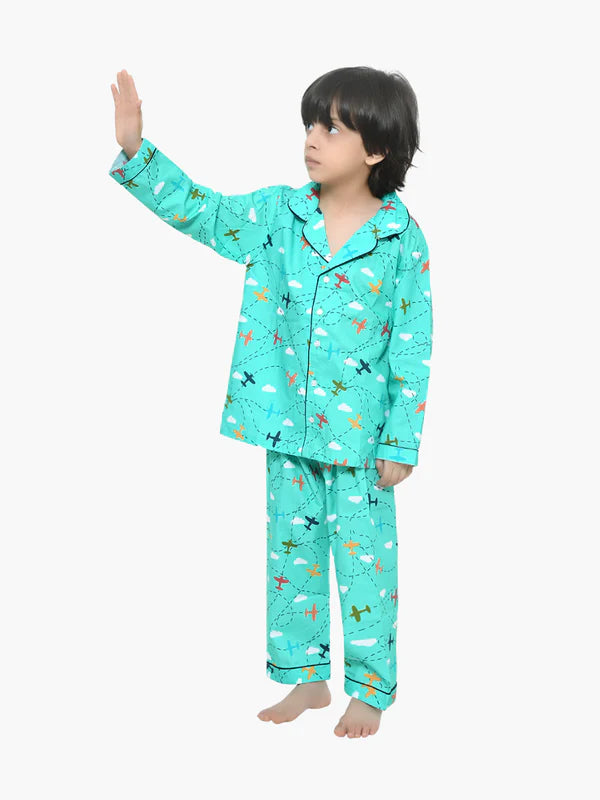 Green Airplane Printed Cotton Kids Night Suit