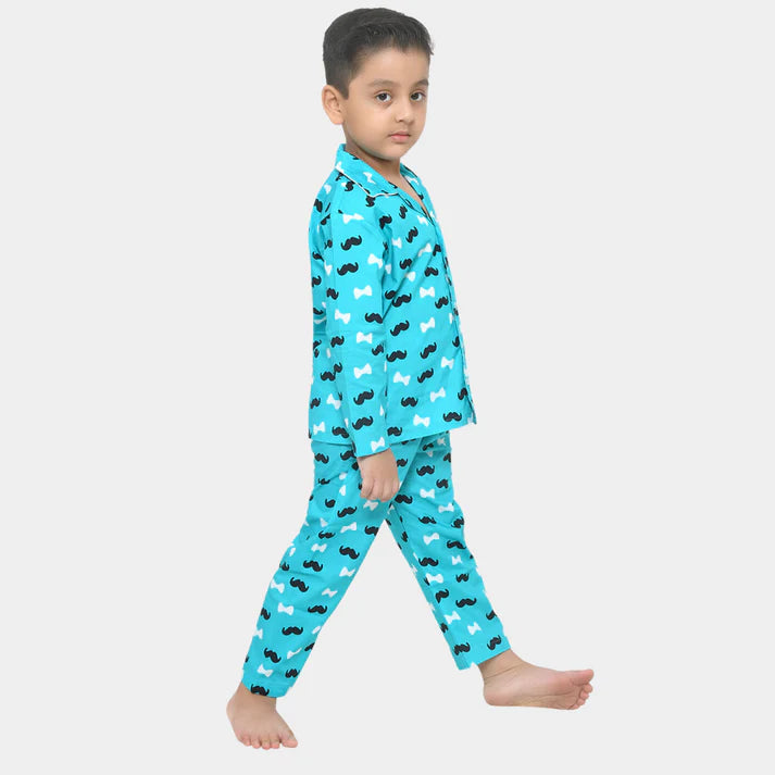 Blue Moustache Printed Cotton Night wear for Boys