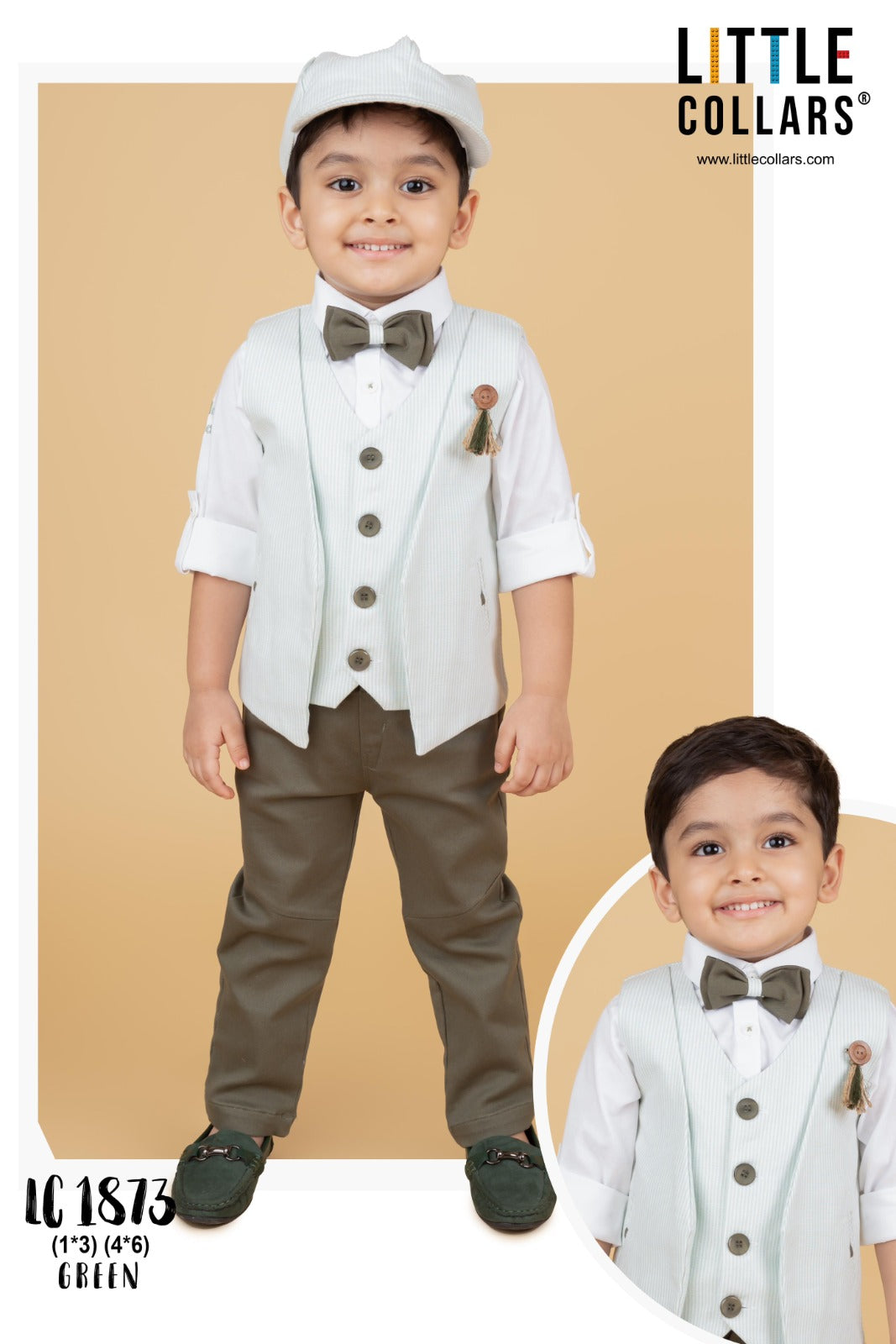 Green Color Waistcoat Set  With Bow Tie And Cap