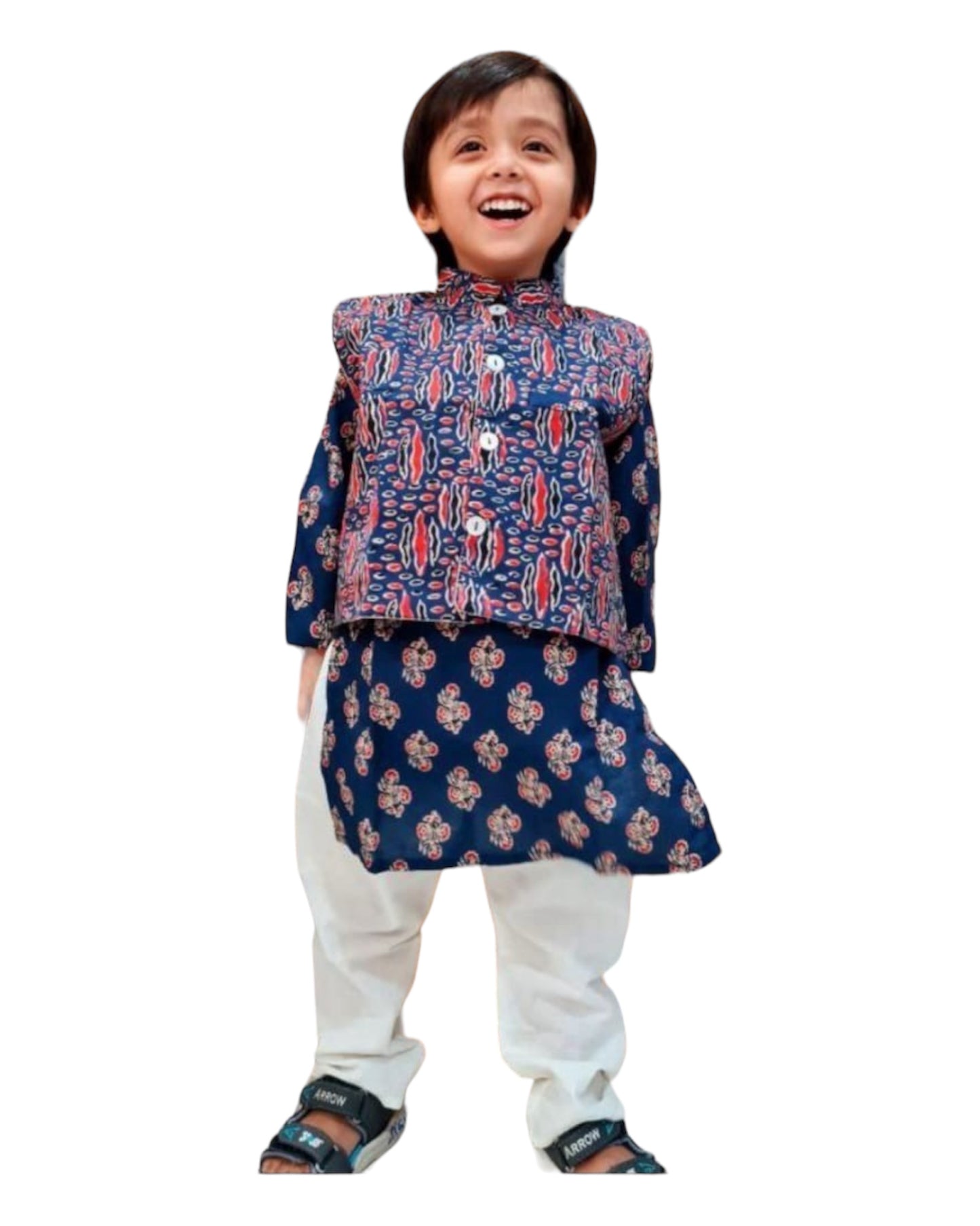 Rustic blue and red printed kurta pajama set with jacket