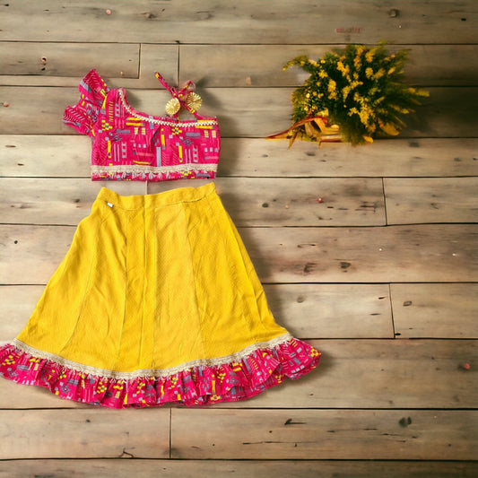 Sunset Blooms Pink Top and Yellow Lehenga Set for Girls