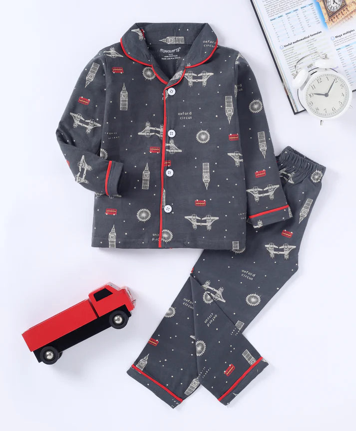 Grey London Bus Print Cotton Unisex Night Suit22