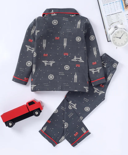 Grey London Bus Print Cotton Unisex Night Suit22