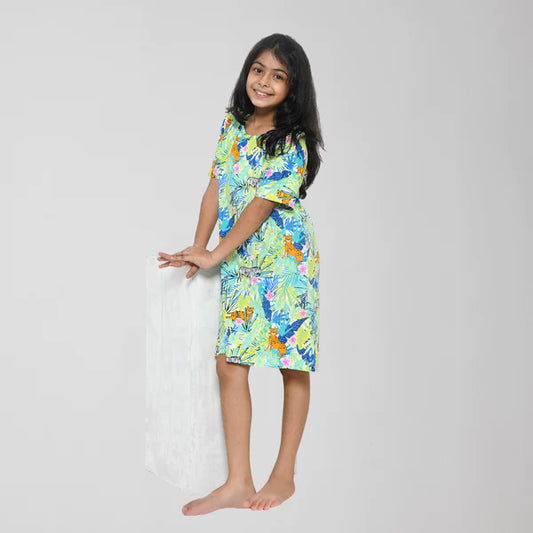 Multicolor Jungle Print Cotton Night Dress for Girls