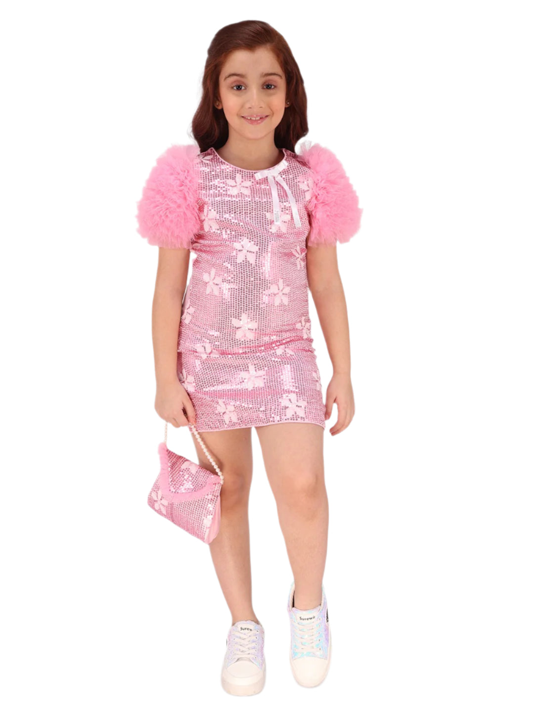 Sparkle Pink Sequin Dress with Puffy Sleeves