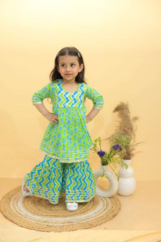 Green and blue floral print sharara set for girls.