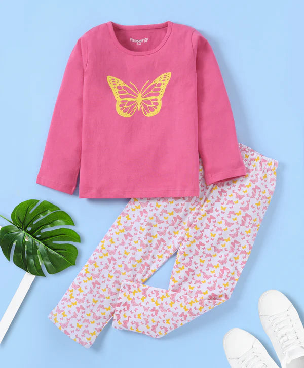 Girls Pink & White Butterfly Printed Pure Cotton Night suit