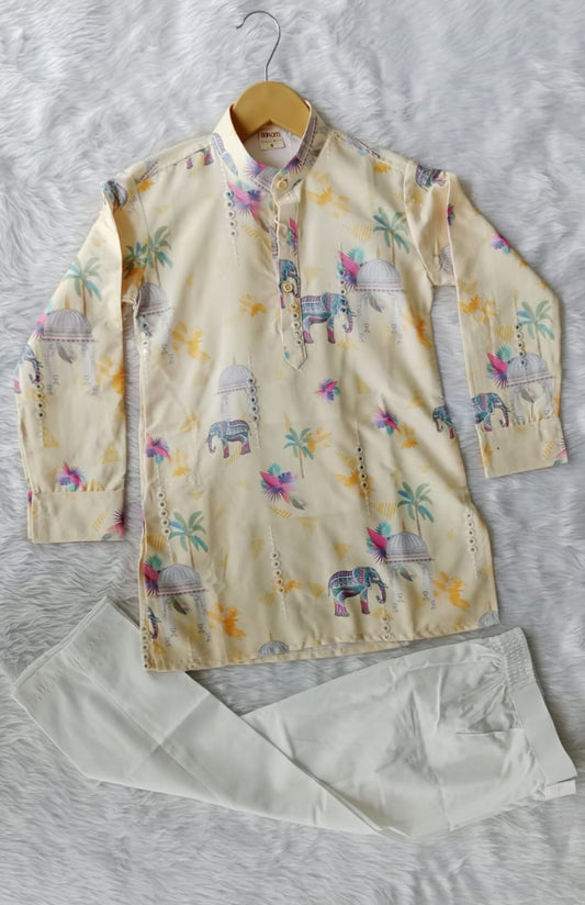 Aarom Lemon Color Kurta Pajama (Elephant Print)