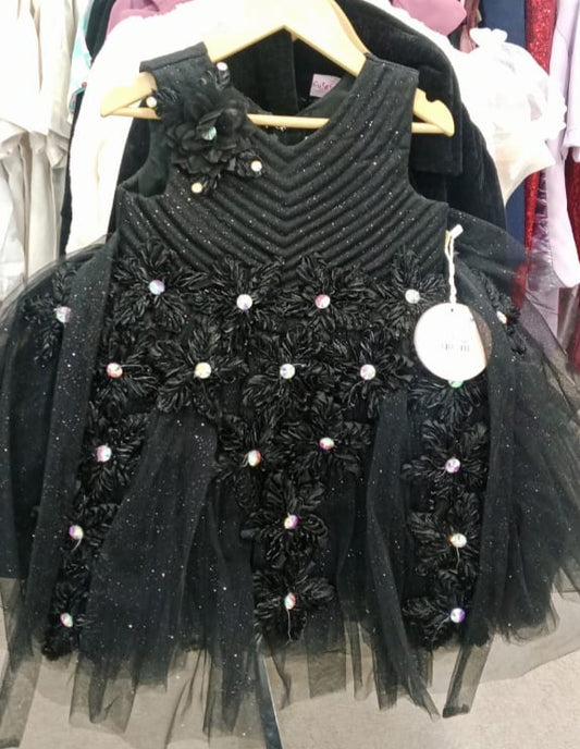 Black Sleeveless Party Frock with Sequin & Net Detailing