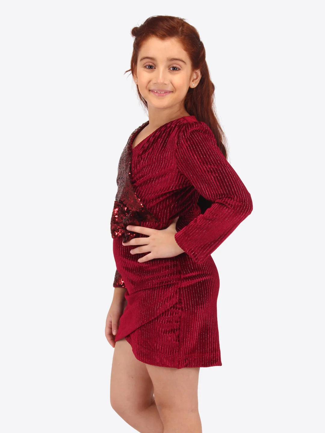 Maroon Asymmetric Stretch Velvet Dress-Cute Cumber