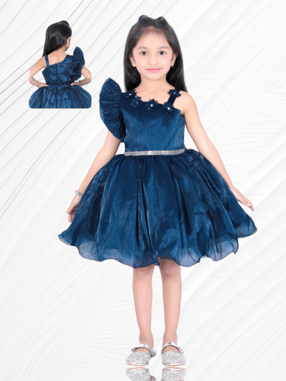 navy black asymmetric neckline frill sleeve party frock