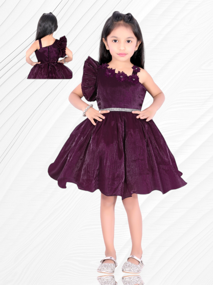 purple magenta asymmetric neckline frill sleeve party frock