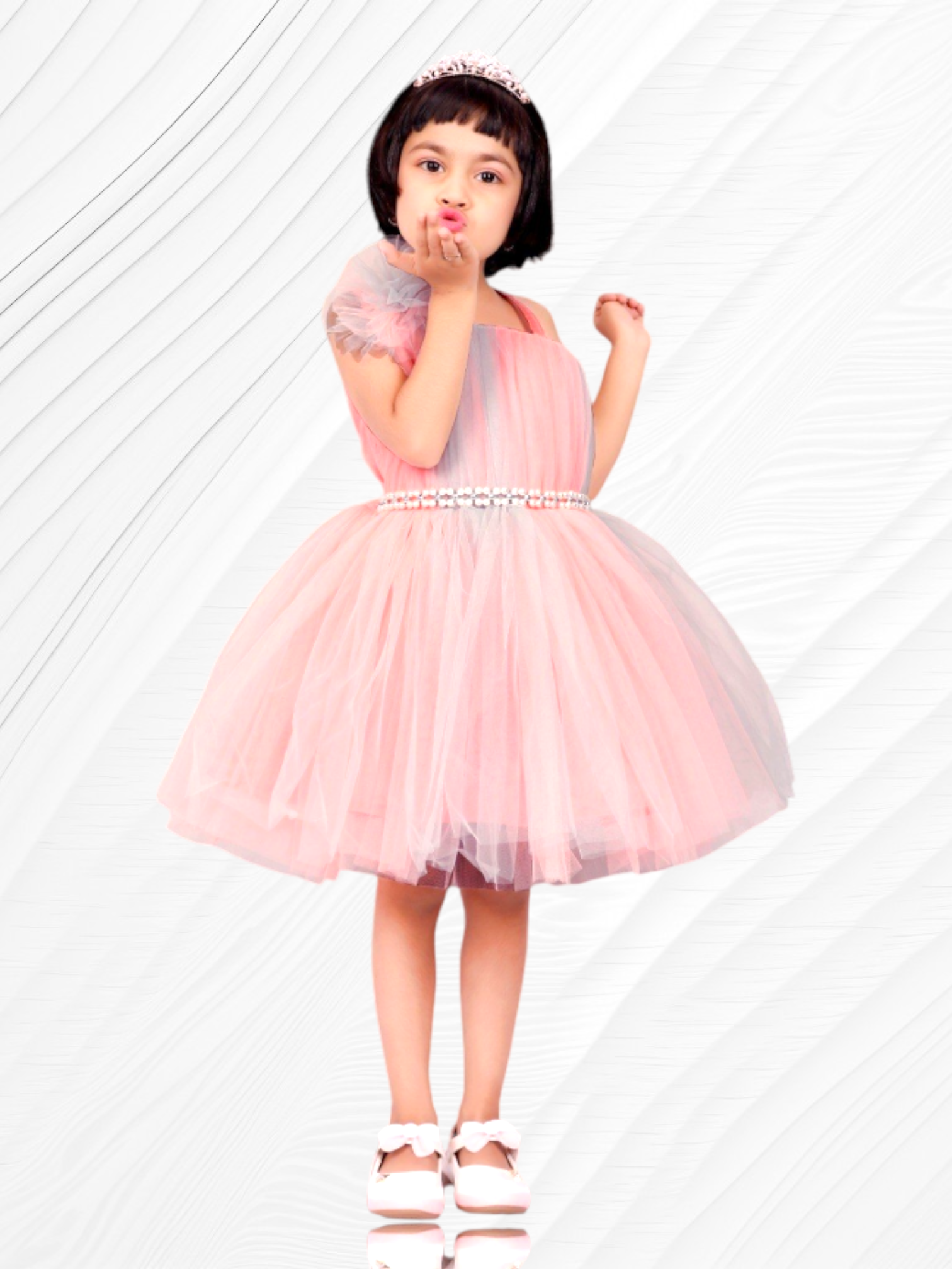 baby pink multi colour asymmetric neckline frill sleeve party frock