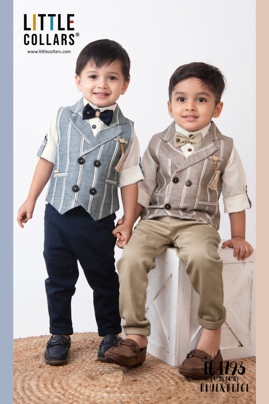 Blue Color Waistcoat Set With Bow Tie