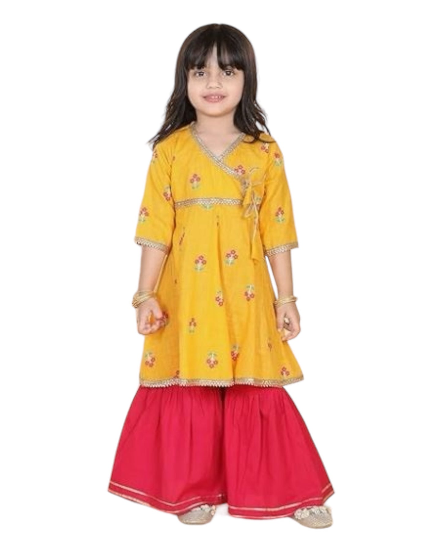 Floral Print Angrakha Kurta with Sharara for Girls Yellow