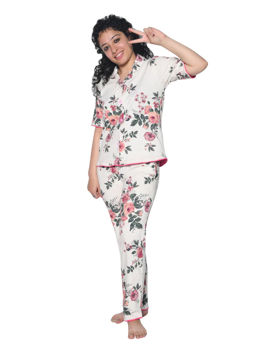 Girls Off White & Multi Floral Printed Night suit21