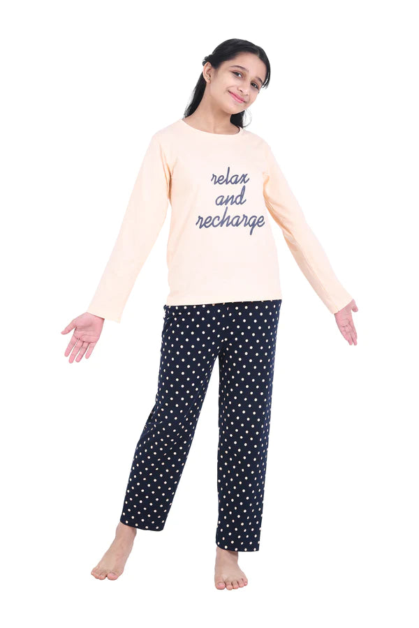 Girls Peach & Navy Typography Printed Night suit