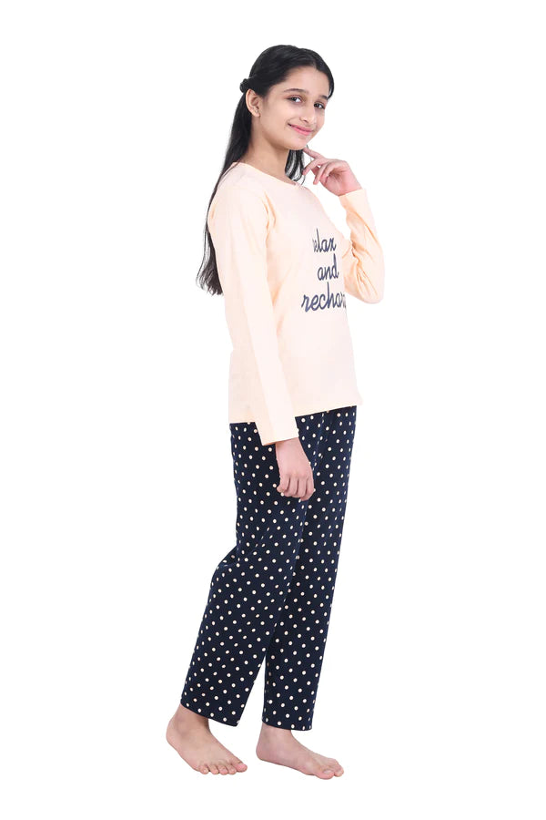 Girls Peach & Navy Typography Printed Night suit