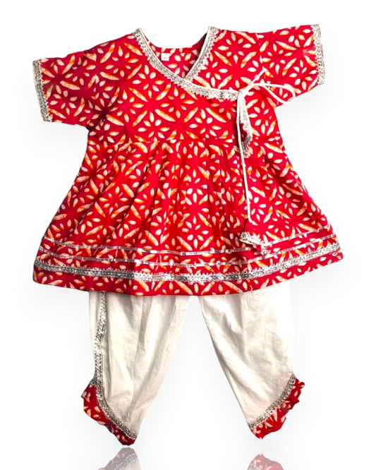 Red Printed Angrakhaa with lace work and white dhoti