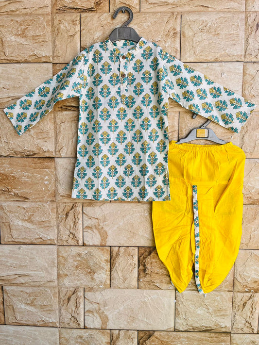 yellow floral dhoti with kurta